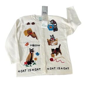 The Quacker Factory Cream Cat Is A Cat Embroidered Knit Button Up Sweater L